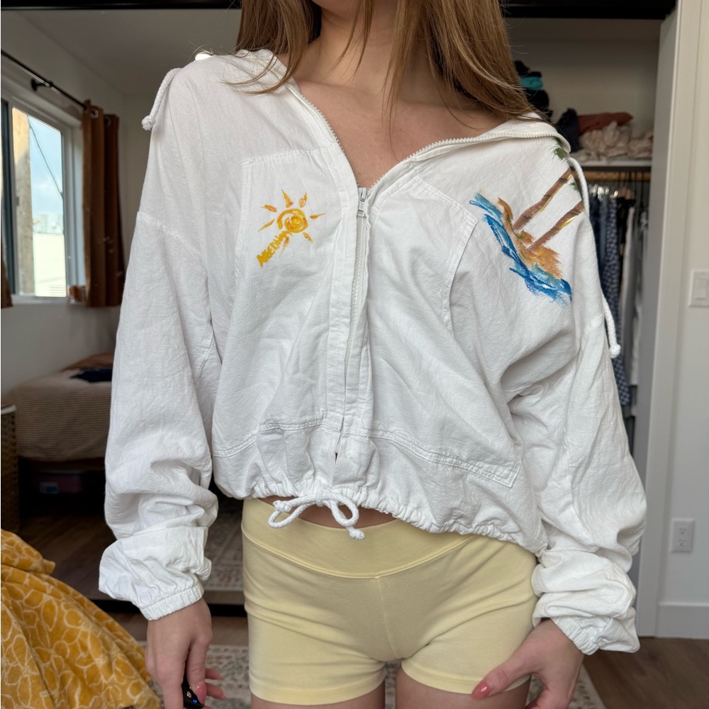 Vintage lightweight cotton zip up jacket hooded beach prints beachy summer